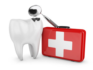 Tooth next to a first aid kit